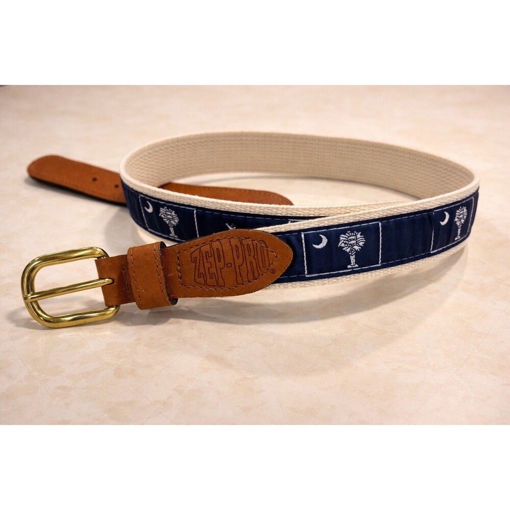 Zep-Pro South Carolina Palmetto Belt Navy Ribbon Canvas Brass Buckle Preppy 34